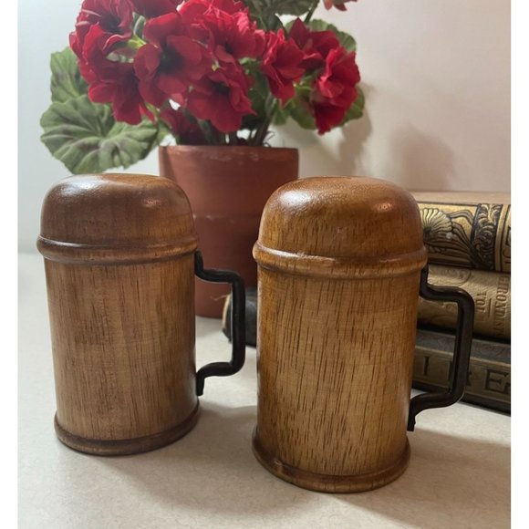 Vintage Mid Century Modern Chunky Wood Salt & Pepper Shakers with Iron Handles - Picture 7 of 9